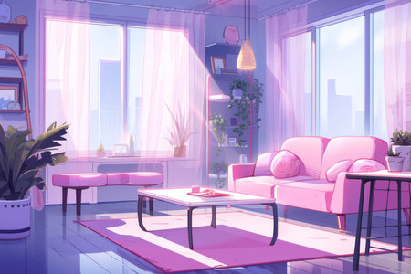 Cozy Virtual Background For Live Streaming, Featuring A Futuristic Living Room. Concept Garden Tea Party, Beach Vacation, Autumn Foliage, Urban Exploration, Mountain Hike.の素材