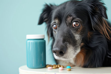 Dog With Health Supplement Canine Interested In Natural Anxiety Relief Method. Concept Holistic Pet Care, Natural Anxiety Remedies, Canine Health Supplements, Dog Wellness Tips.の素材