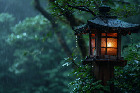 Enchanting Woods Hideaway With Rain, Lantern, And Serene Ambiance For Rejuvenation. Ð¡oncept Cozy Cabin Retreat, Rustic Decor, Tranquil Forest Setting, Invigorating Nature Walks.の素材