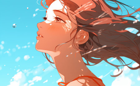 Illustration Of A Woman Against A Refreshing Blue Sky. Ð¡oncept Woman With Umbrella, Blue Sky Illustration, Summer Fashion, Outdoor Art, Serene Portrait.の素材