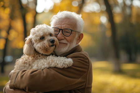 Elderly Man With Glasses Embracing His Furry Companion In The Park. Concept Senior Moments, Endearing Bond, Man's Best Friend, Park Serenity, Heartwarming Connection.の素材
