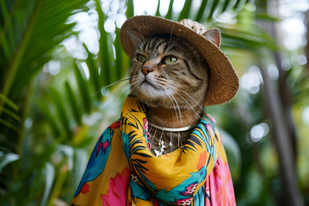 Fashionforward Feline Busts Moves In Vibrant Attire Against Verdant Scenery. Ð¡oncept Cat Fashion Photoshoot, Vibrant Attire, Verdant Scenery.の素材