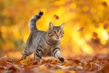 Frolicking Feline Enjoying A Vibrant Autumn Scene Filled With Golden Foliage. Ð¡oncept Golden Fall Landscapes, Vibrant Autumn Foliage, Playful Feline Portraits, Frolicking In Nature.の素材