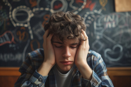Stressed Young Man Overwhelmed By Chaotic Thoughts, Depicting Mental Health Struggles. Ð¡oncept Abstract Art Therapy, Conceptual Photography, Emotions In Motion, Inner Turmoil, Exploring Mental Health.の素材