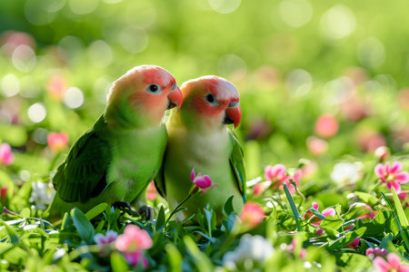 Pair Of Adorable Lovebirds Strolling On Lush Green Lawn With Blooming Flowers. Ð¡oncept Romantic Garden Date, Lovebirds Photography, Nature-Themed Photoshoot, Floral Backdrop, Sweet Couple Portraits.の素材