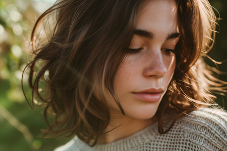 Serene Woman With Brown Hair, Focusing On Selfcare And Mental Wellbeing. Ð¡oncept Nature Walks And Meditation, Self-Care Routines And Tips, Mental Health Awareness.の素材