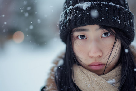 Portrait Of An Asian Girl Experiencing Winter Blues And Heartbreak. Concept Embracing Nature, Reflective Moments, Winter Solitude, Healing Through Art.の素材