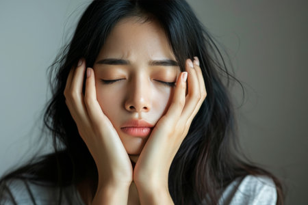 Stressed Asian Woman Highlighting The Impact Of Sleep Deprivation With Dark Circles Standard. Ð¡oncept Importance Of Self-Care, Mental Health Awareness, Sleep Deprivation Effects.の素材