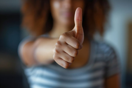 Foto de Closeup Shot Of Woman's Hand Gestures, Symbolizing Approval And Disapproval. Concept Macro Photography, Hand Gestures, Expressive Hands, Approval And Disapproval, Symbolic Poses. - Imagen libre de derechos