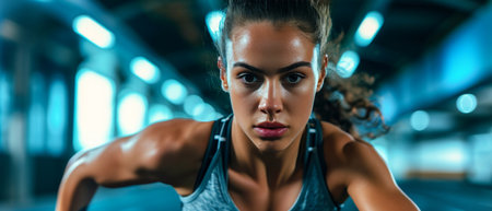 A Determined Female Athlete Pushes Her Limits With Intense Interval Training. Concept Fitness Challenges, Interval Training, Pushing Boundaries, Female Athletes, Fitness Motivation.の素材