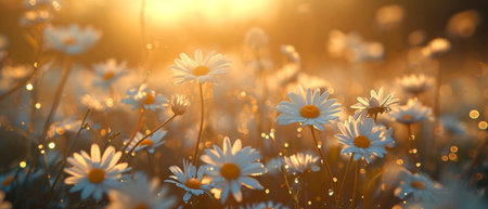 A Tranquil Meadow Of White Daisies Illuminated By The Serene Twilight. Concept Nature's Symphony: Capturing The Elements Through Photography.の素材