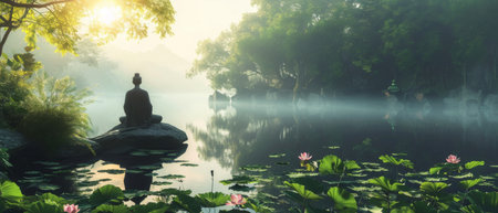 A Tranquil Setting Depicting Peace, Spirituality, And Faith In A Serene Visual. Concept Meditative Garden, Sacred Symbols, Serenity In Nature, Faithful Reflection.の素材