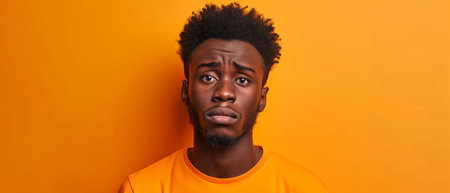 African American Man In Orange Top With Perplexed Expression Against Orange Backdrop. Concept Studio Lighting Techniques, Dramatic Portraits, Bold Color Contrasts, Expressive Emotions.の素材
