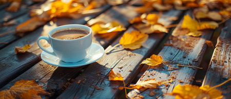 Embracing The Autumn Ambience With A Steaming Cup Of Coffee On A Rustic Wooden Table. Ð¡oncept Cozy Fall Vibes, Warm Beverage Moments, Rustic Coffee Scenes, Embracing Autumn Aesthetics.の素材