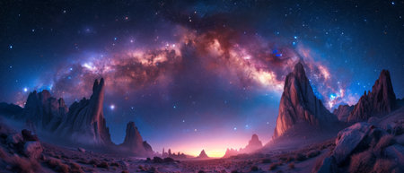 Vibrant Galactic Nebula Enlivens Rocky Landscape Against A Celestial Backdrop. Ð¡oncept Abstract Art, Cosmic Creativity, Otherworldly Landscapes.の素材