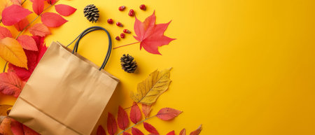 Colorful Autumn Shopping Bag Isolated On Yellow Background, Perfect For Sale Events. Ð¡oncept Autumn Sale Events, Colorful Shopping Bags, Yellow Background, Isolated, Perfect For Sale.の素材