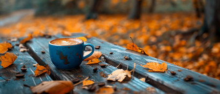 Autumn Vibes Outdoors A Cup Of Coffee On A Wooden Table. Concept Sunset Silhouettes, Beach Bonfire, Watercolor Landscapes, Misty Morning Hikes.の素材
