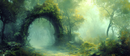 Digital Art Depicting A Misty, Vinecovered Archway In A Whimsical Forest Landscape. Ð¡oncept Whimsical Forest Landscape, Misty Archway, Digital Art, Vine-Covered, Magical Atmosphere.の素材