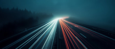 Blurry Car Lights Streak Across A Darkened Highway, Capturing The Nights Energy. Concept Nighttime Highway, Blurry Car Lights, Energy Of The Night, Darkened Highway, Streaking Lights.の素材