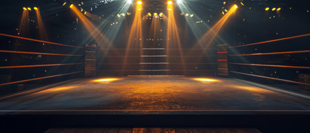 Spotlight Shines On Vacant Boxing Ring During Ai Fight Night. Ð¡oncept Virtual Reality Boxing, Ai Vs. Human Matches, Futuristic Fight Night, Spectacular Light Show, Unoccupied Boxing Ring.の素材