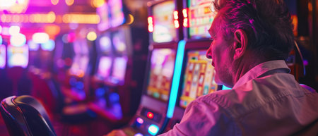 Gambler Engrossed In Spinning The Reels Of A Casino Slot Machine. Ð¡oncept Casino Slot Machine, Spinning Reels, Gambler, Engrossed, Gambling Excitement.の素材