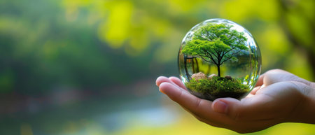 Environmental Conservation Symbolized By Hand Holding Glass Ball With Miniature Tree Inside. Concept Climate Change Awareness, Sustainable Living, Earth Stewardship, Environmental Activism.の素材