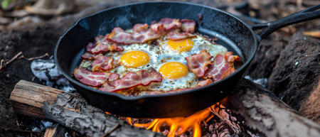 Savoring The Great Outdoors: A Homemade Campfire Breakfast With Bacon And Eggs. Concept Camping Breakfast Recipes, Outdoor Cooking Tips, Campfire Cooking, Breakfast With Bacon, Breakfast With Eggs.の素材