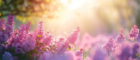 Idyllic Spring Meadow With Pink Wildflowers, Lilac Bushes And Morning Sunlight. Concept Golden Autumn Foliage, Misty Mountain Peaks, Serene Lakeside Retreat, Tropical Beach Getaway.の素材