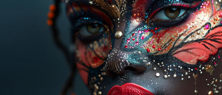 Captivating, Multifaceted Makeup Artistry With Exquisite Detailing On Female Models' Faces. Ð¡oncept Glamorous Beauty Looks, Creative Face Paint, Dramatic Eye Makeup, Bold Lip Art.の素材