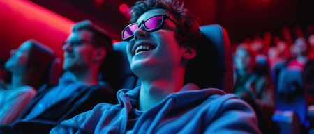 Excited Student Embracing A High-Tech Cinema Premiere With Joy. Ð¡oncept Virtual Reality Experiences, Cutting-Edge Film Technology, Thrilling Premiere Night, Next-Level Immersion.の素材