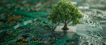 Technology And Nature Merge As A Tree Sprouts From A Circuit Board. Concept Eco-Friendly Technology, Nature-Inspired Design, Sustainable Innovations, Green Tech, Digital Nature.の素材