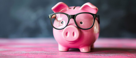 Savings And Investments Illustrated By A Pink Piggy Bank Wearing Glasses. Ð¡oncept Financial Literacy, Money Management Tips, Investing Strategies, Budgeting Basics, Entrepreneurship Insights.の素材