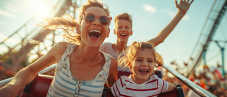 Thrilling Rollercoaster Ride A Happy Mother And Her Children Share Joyful Summer Moments. Concept Family Bonding, Summer Adventures, Rollercoaster Fun, Mother-Child Happiness, Thrilling Moments.の素材