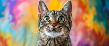 Startled Cat Widens Eyes Dramatically Against Vibrant Backdrop, Exuding A Lively Energy. Ð¡oncept Dramatic Feline Expressions, Vibrant Backdrops, Lively Energy, Startled Cat, Widened Eyes.の素材