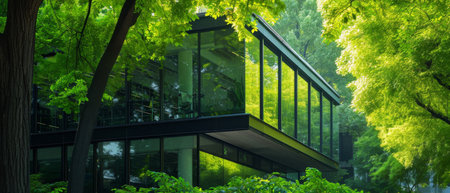 Eco-Friendly Glass Office Surrounded By Lush Trees Embracing Sustainability. Concept Sustainable Architecture, Green Buildings, Eco-Friendly Design, Biophilic Office Spaces.の素材