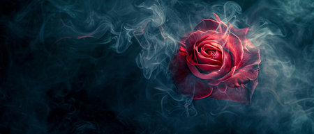 Enigmatic Red Rose Embraced By Swirling Smoke Amidst A Mysterious Background. Concept Glowing Moonlit Forest With Fairy Lights, Fields Of Sunflowers In Golden Hour.の素材