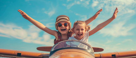 Two Joyful Children Take Off In An Airplane With Broad Smiles.の素材