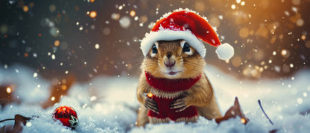 Adorable Chipmunk Embracing The Christmas Spirit In A Cute Santa Costume, Reveling In The Winter Wonderland. Ð¡oncept Festive Animals, Winter Wonderland Fun, Cute Christmas Costumes.の素材