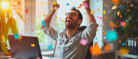Successful Freelancer Exudes Joy, Celebrating Triumphant Project Completion At Home Office. Concept Financial Independence, Entrepreneurship, Work-Life Balance, Remote Work, Career Growth.の素材