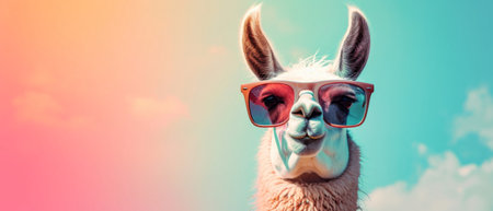 Surreal Llama With Sunglasses On A Pastel Background, Perfect For Advertising. Ð¡oncept Llama With Sunglasses, Pastel Background, Advertising, Surreal, Eye-Catching.の素材