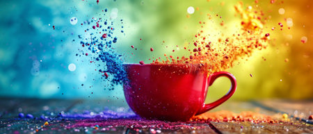 Creating A Colorful Explosion: Vibrant Burst Of Colors In A Coffee Cup. Ð¡oncept Abstract Art, Coffee Photography, Colorful Explosions, Creative Expressions.の素材