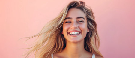 Young Woman With Radiant Smile, Blonde Hair Flowing, Against Pastel Backdrop. Ð¡oncept Outdoor Photoshoot, Colorful Props, Joyful Portraits, Playful Poses, Young Woman With Radiant Smile.の素材