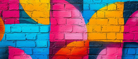 Vibrant Abstract Graffiti Wall Ideal For Creative Pop Art Visuals. Concept Lush Nature Backdrop, Urban Street Style, Candid Moments In The Park, Dramatic Lighting Effects.の素材