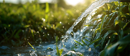 Water Pipe Releasing Clear Water In A Lush Field, Captured Up Close.の素材