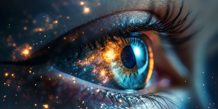 A Captivating Closeup Of A Human Eye Reflecting The Vastness Of A Galaxy, Copy Space. Ð¡oncept Cosmic Eye, Infinite Universe, Eye Of The Galaxy, Galactic Closeup, Space Reflection.の素材