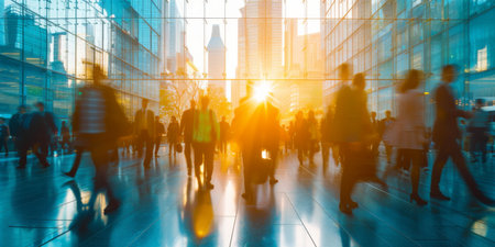 A Blur Of Bustling Businesspeople Walking Through A City Office Corporate Dynamics, Copy Space. Ð¡oncept Cityscape Skylines, Urban Architecture, Busy Commuters, Office Interiors.の素材