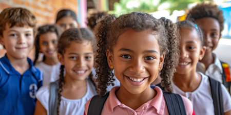 Utilizing Modern Technology For Education: A Diverse Group Of Brazilian School Children, With Copy Space. Concept Online Learning Platforms, Virtual Classroom Tools, Interactive Educational Apps.の素材