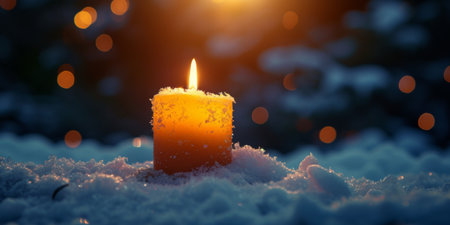 Christmas Atmosphere: A Warmly Lit Advent Candle Amidst A Magical Snowscape, With Room For Your Message. Concept Winter Wonderland: Ice Skating, Cozy Cabin, Snow-Covered Trees, Hot Cocoa By The Fire.の素材