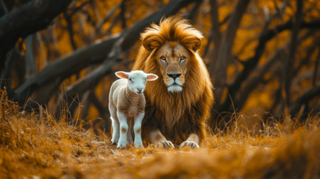 A Captivating Showcase Of Unity: Lion And Lamb In Majestic Stillness, Ample Room For Copy. Ð¡oncept Breathtaking Landscapes, Dramatic Silhouettes, Awe-Inspiring Sunsets, Serene Nature Scenes.の素材