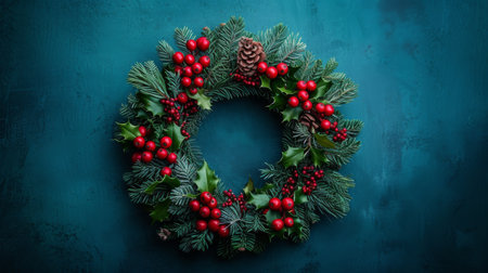 Holiday Decor: Spruce Branch And Holly Berry Wreath For Christmas, Ideal For Photo Placement. Concept Diy Holiday Wreaths, Festive Home Decor, Christmas Wreath Inspiration, Holiday Photo Props.の素材